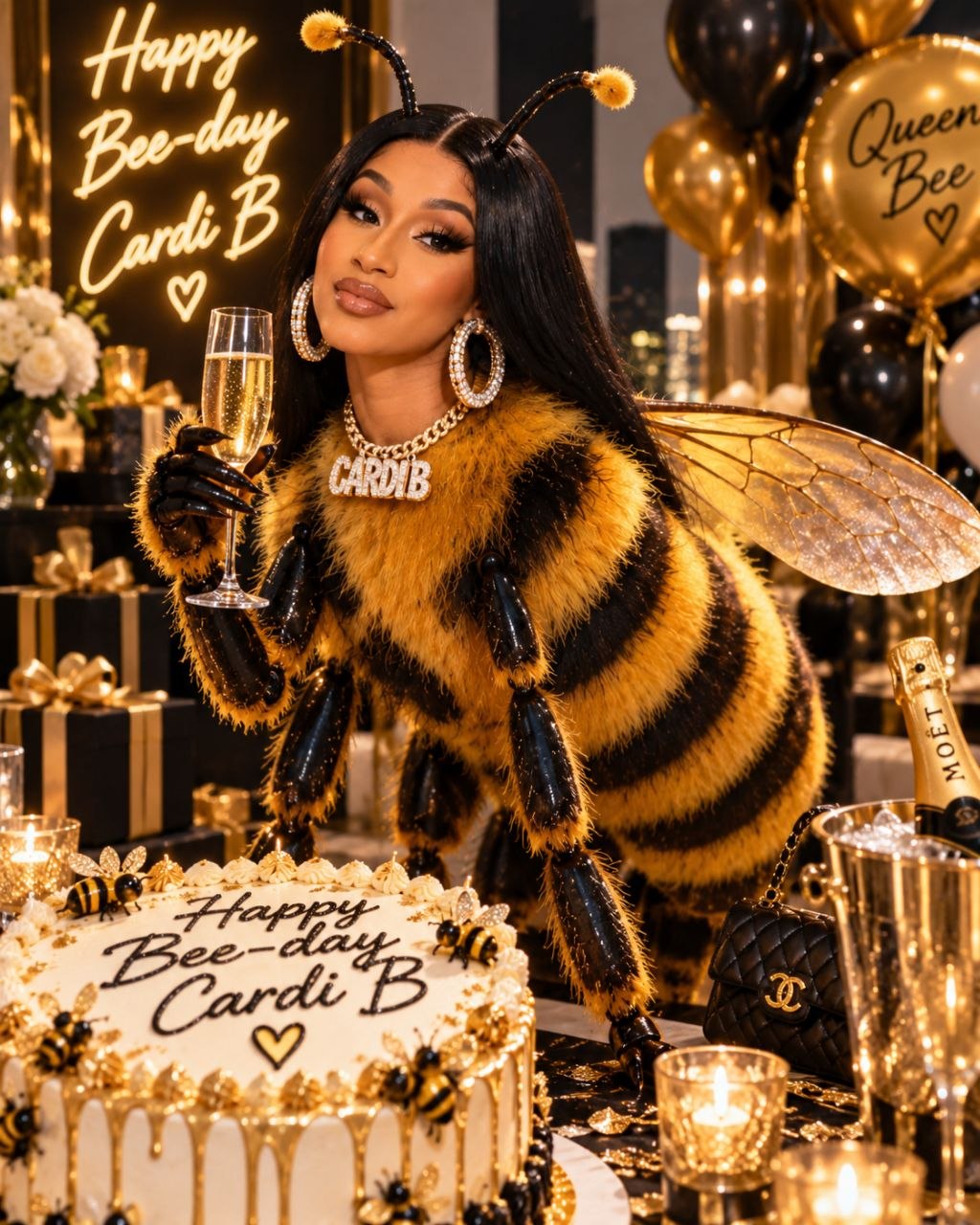 Cardi Bee raising a glass of champagne at a gold and black Happy Bee-day party with a cake
