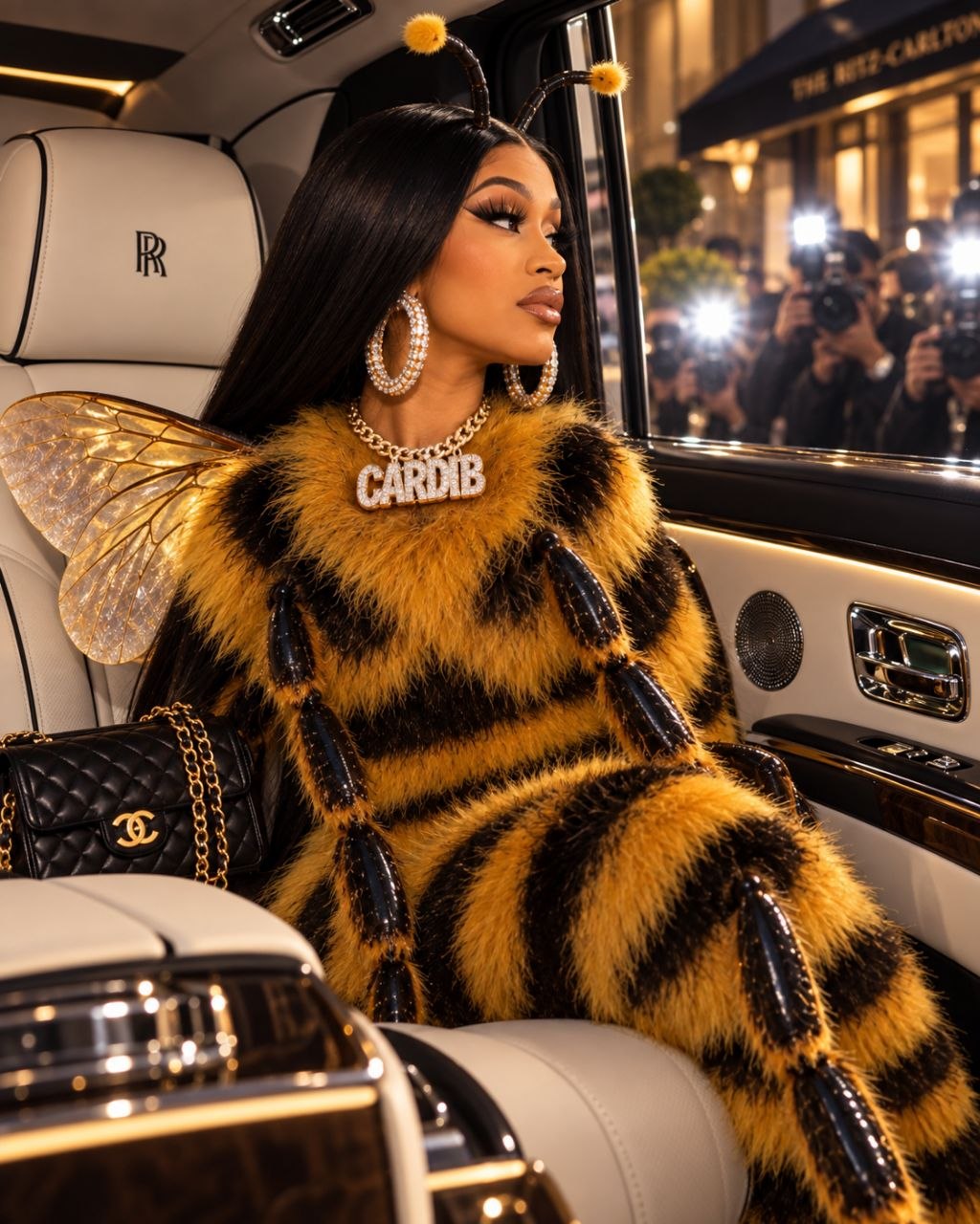 Cardi Bee in the back seat of a Rolls-Royce as paparazzi flash cameras outside the window